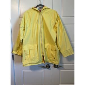 Misty Harbor Women’s Rain Coat Yellow Slicker Hood Sz L Plaid Lining Full Zip